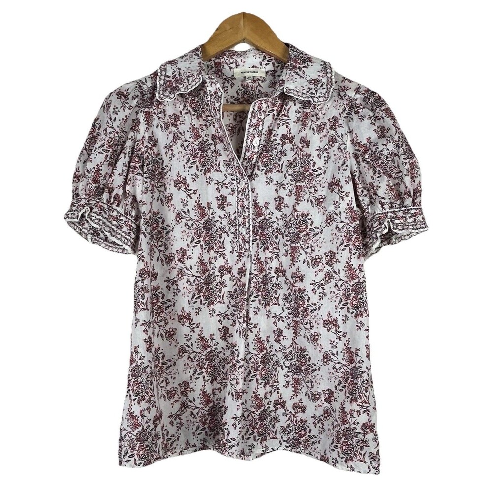 Max Studio Floral Cotton Blouse XS Puff Sleeve Ruffle Collar Cottagecore - Picture 2 of 14